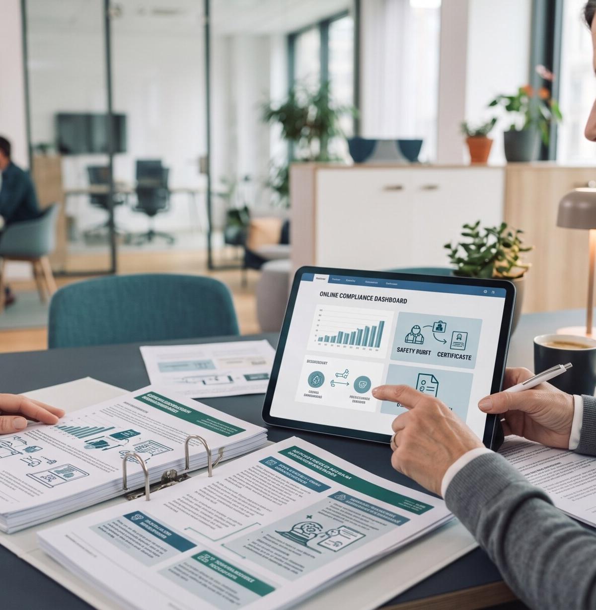 Employee using a tablet and documents at a desk