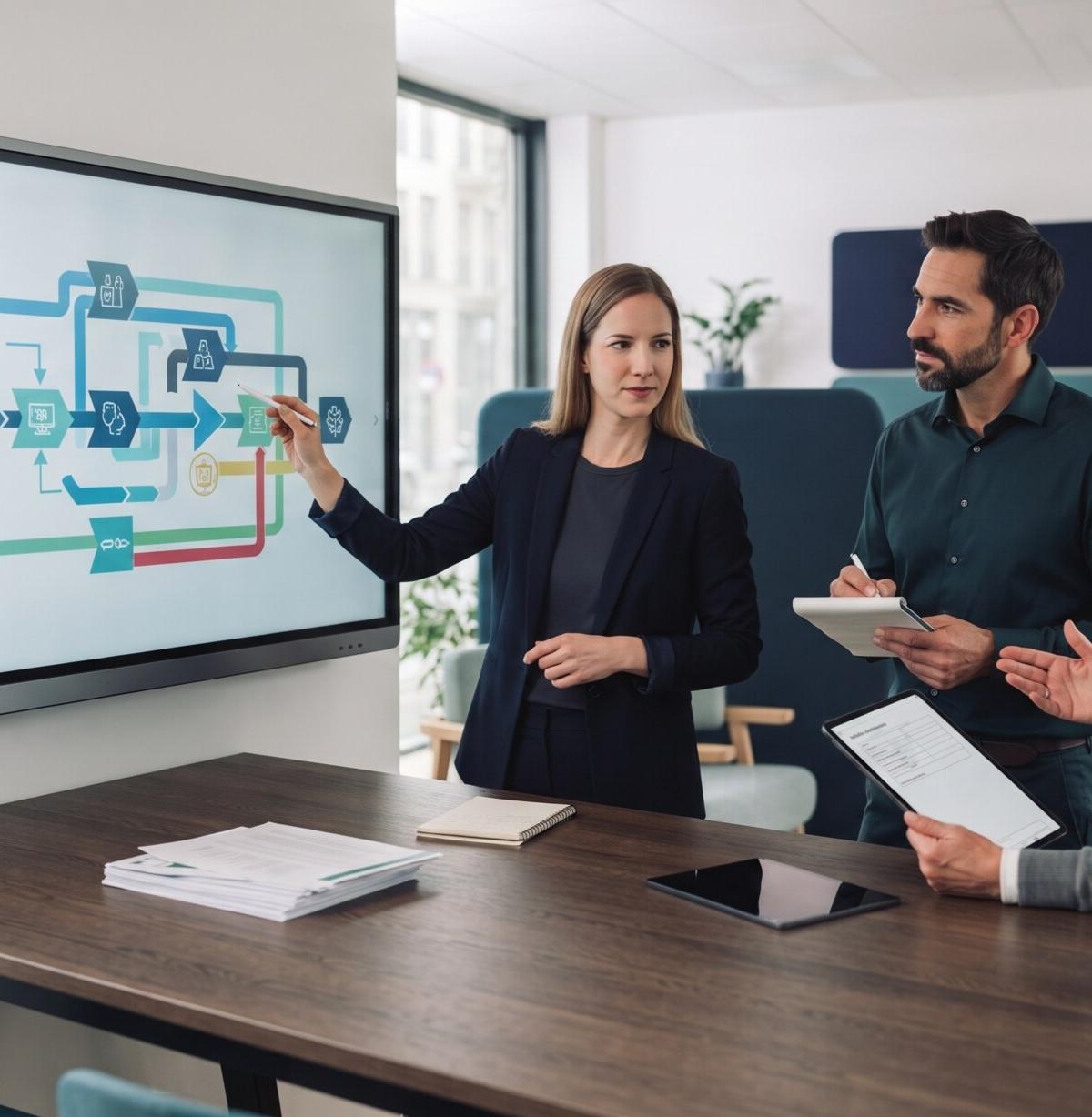 Team discussing a process displayed on a screen