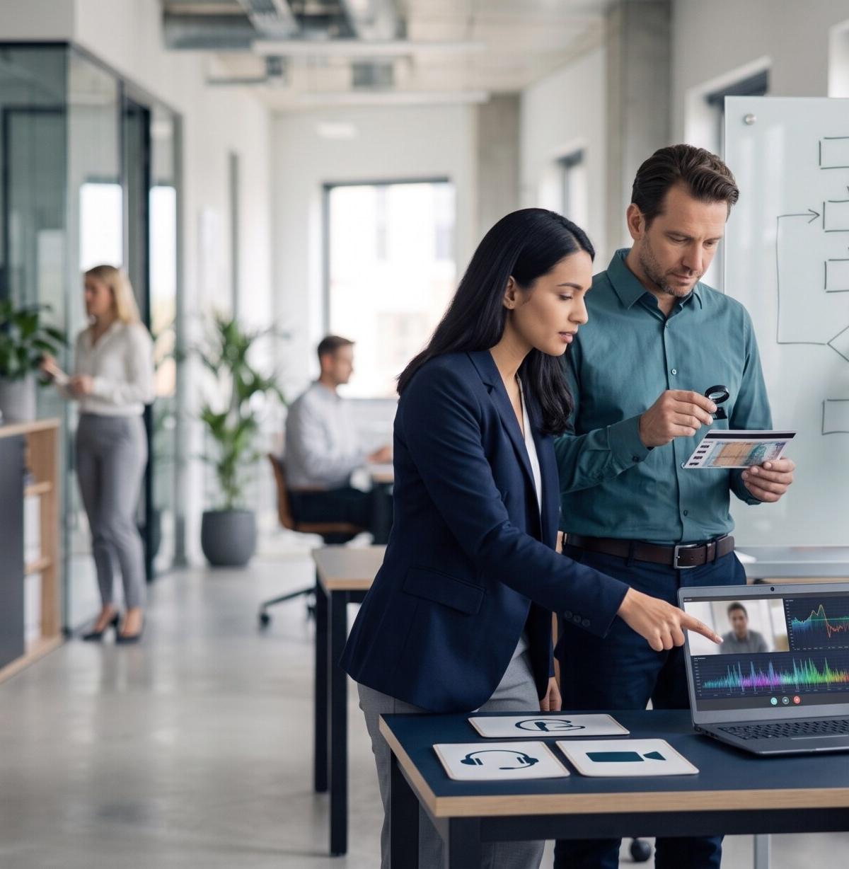 Team bespricht einen Ablauf neben einer digitalen Audioanzeige