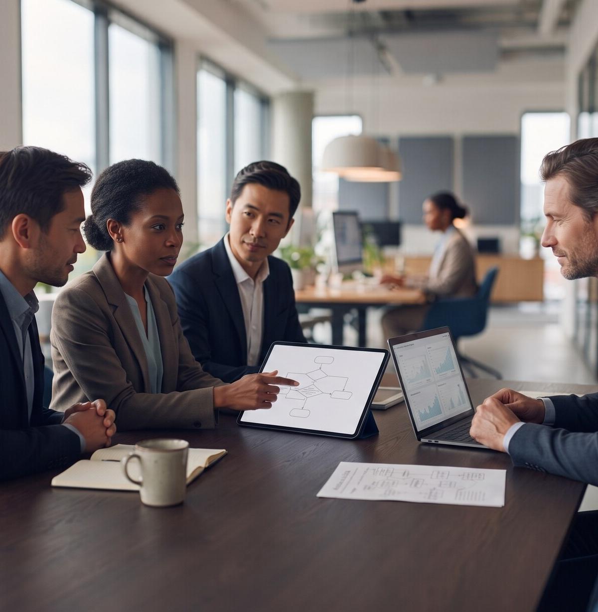 Team bespricht Unterlagen und digitale Arbeitshilfen