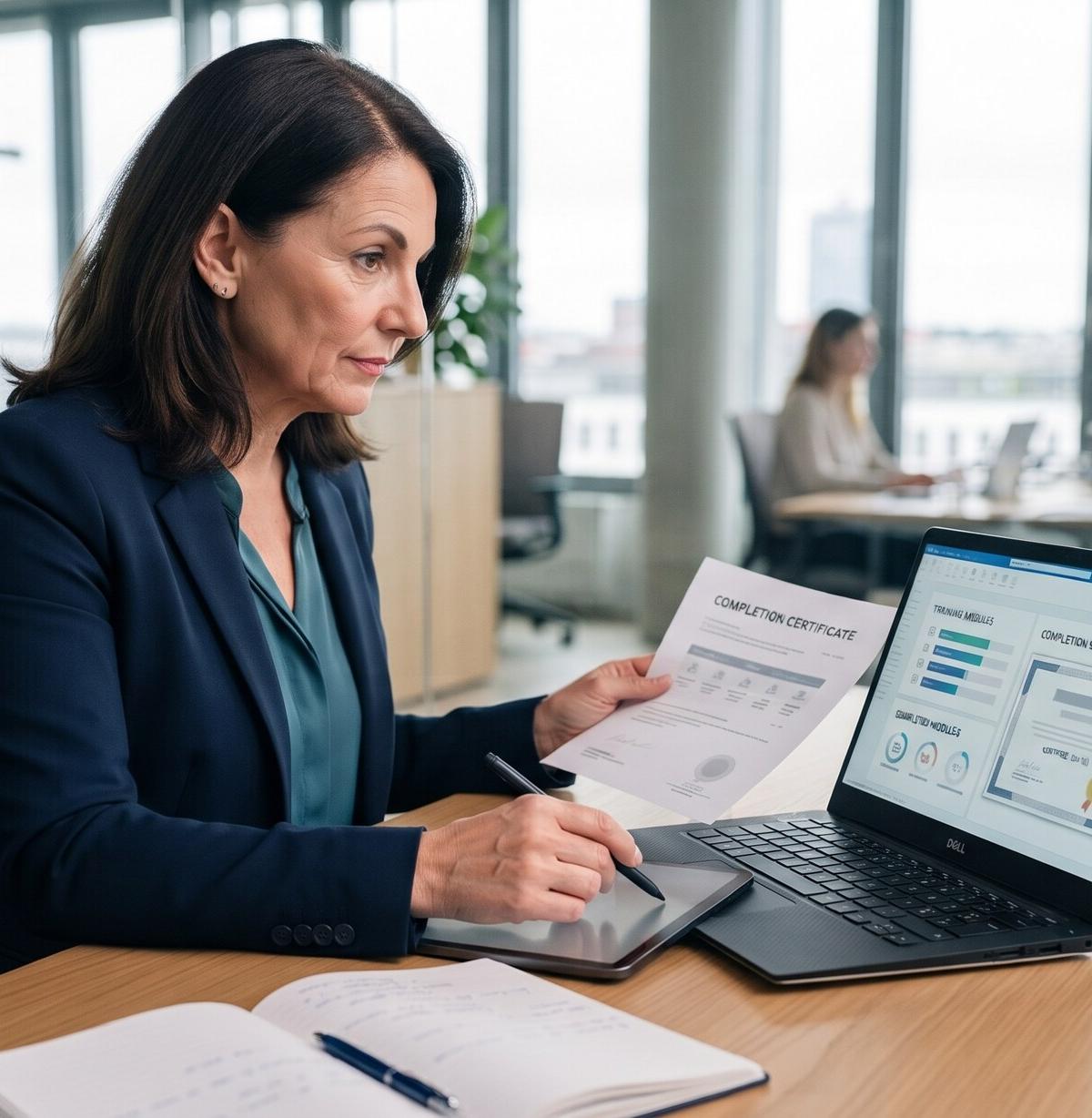 Frau prüft Unterlagen neben einem Laptop