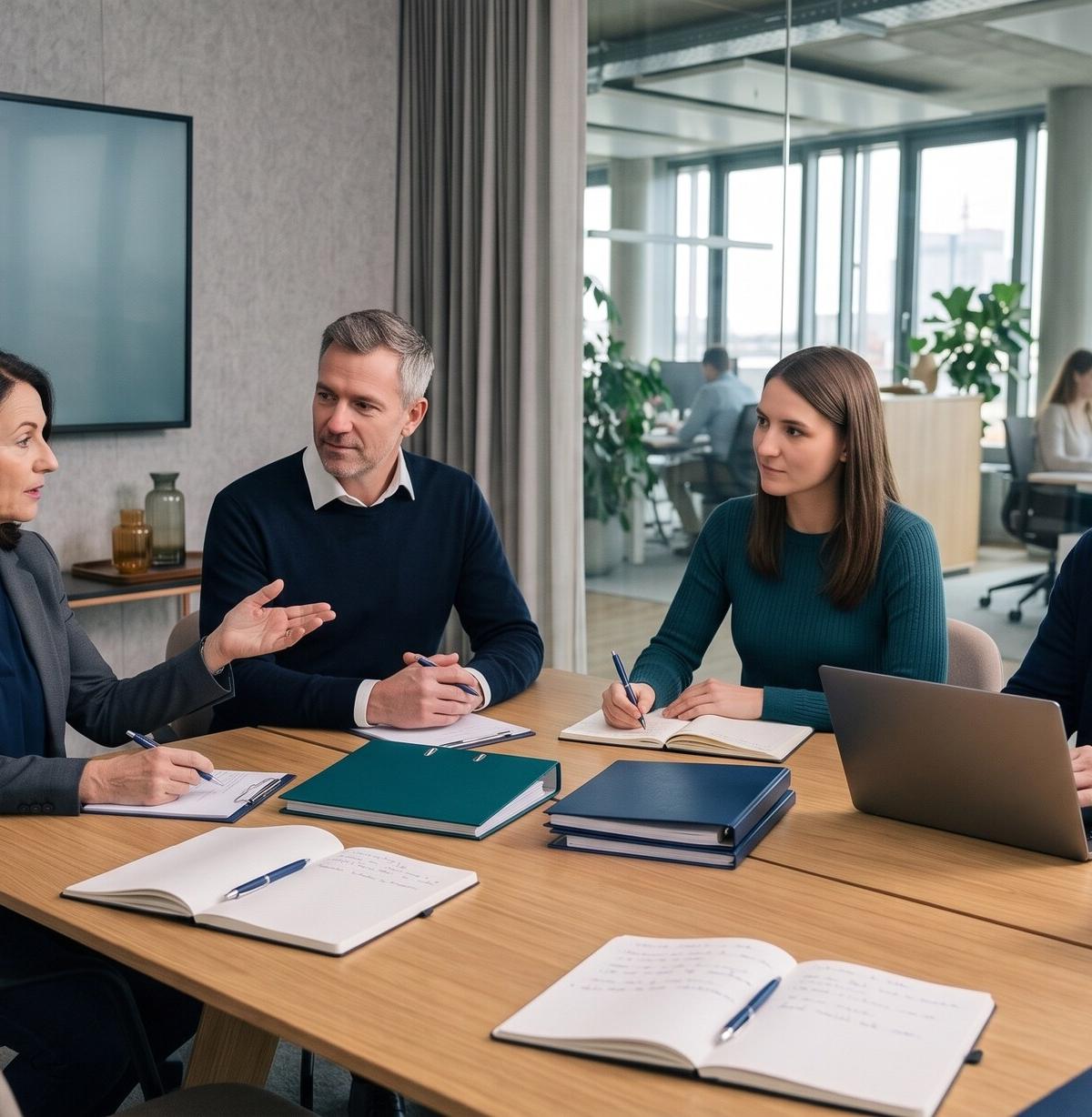 Team bespricht Unterlagen am Konferenztisch