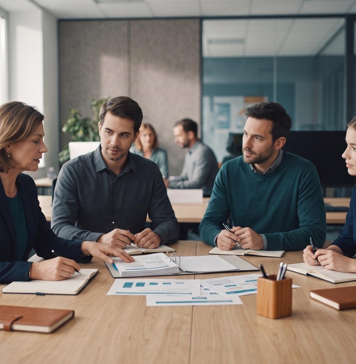 Team discussing documents at a table