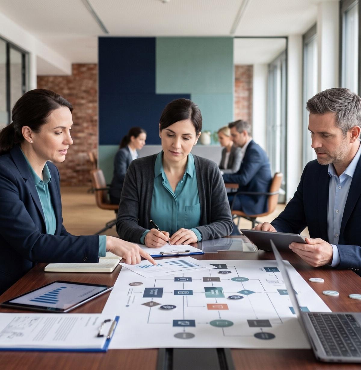 Team bespricht einen Arbeitsablauf auf Papier