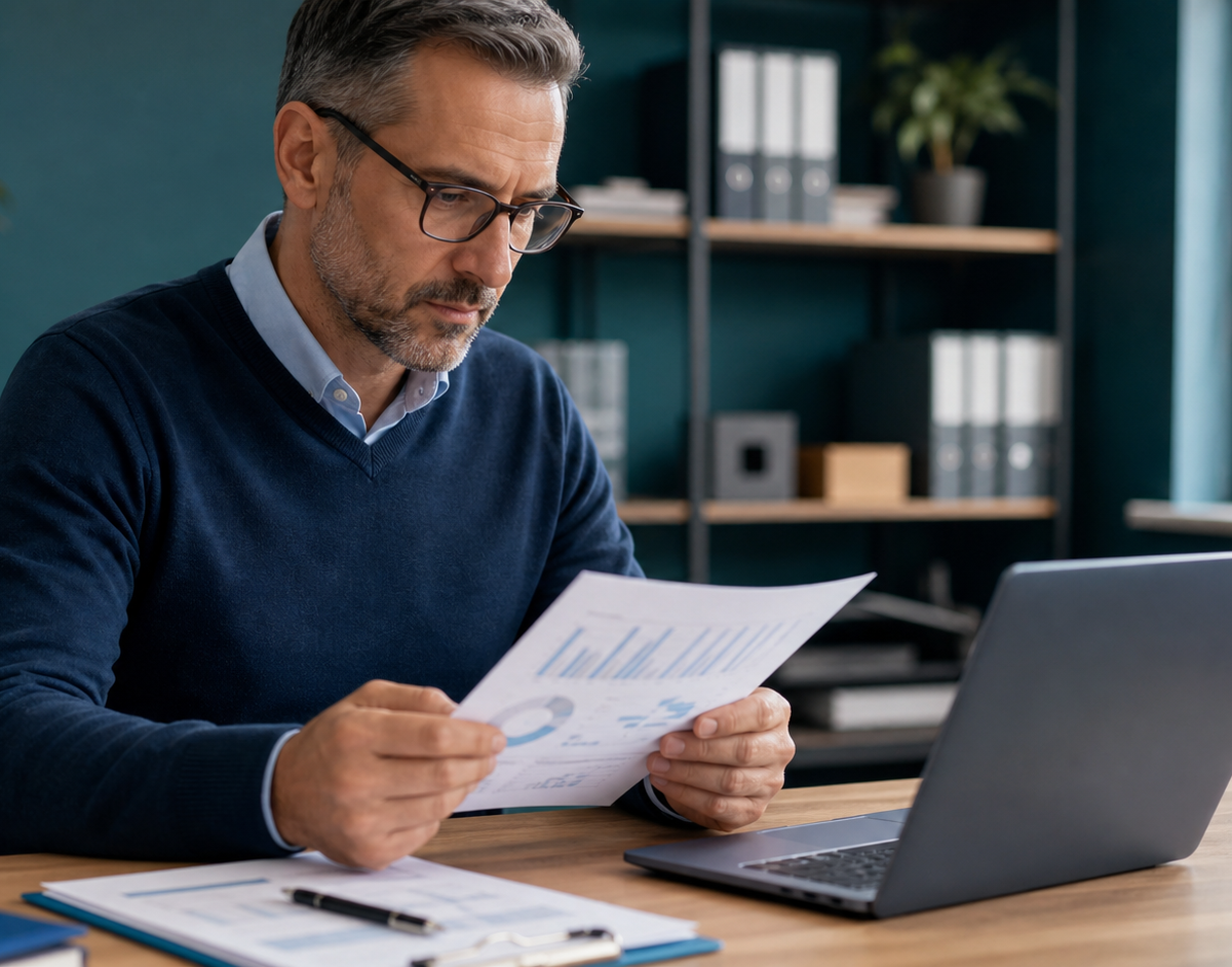 Man reviewing documents at a laptop