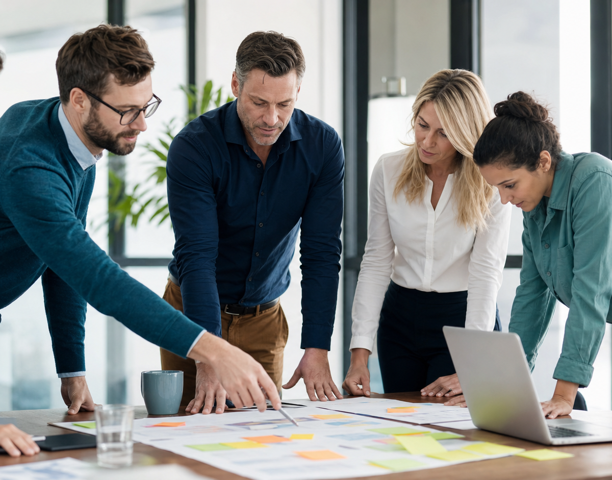 Team arranging notes and working documents on a table