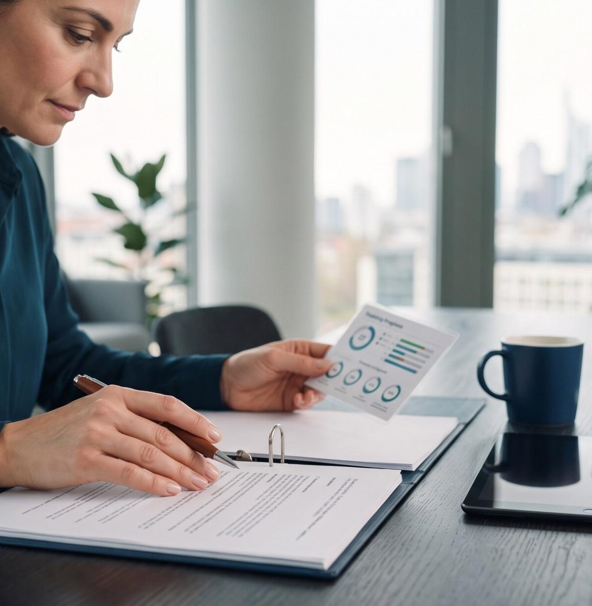 Woman reviewing written records at a desk